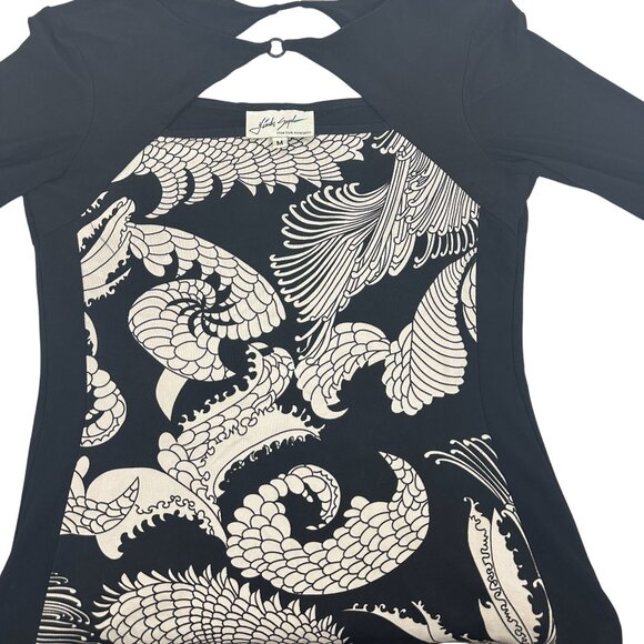 Linda Segal Black & Beige Abstract Print Top With Keyhole Detail Size Medium - Picture 5 of 5